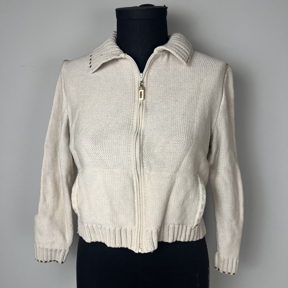 St. John Sport Ivory Full Zip Cardigan Gol‎ Accent Sz Petite Cropped